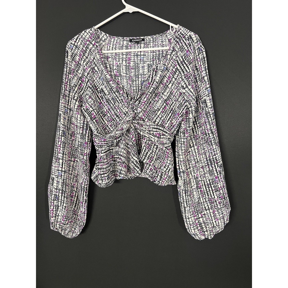 Express Peplum Blouse Womens Size S Twist Front Cropped Puff Sleeve Abstract